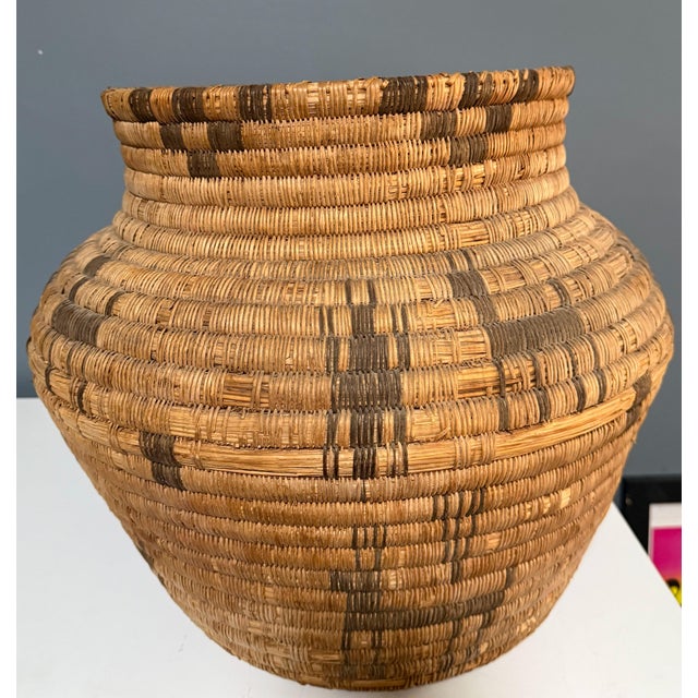 20thC 17” Polychrome Pima Akimel Oodham in the Style of Native American Olla Basket Dual Register Human & Deer Motif Willow Devils Claw and Yucca Root For Sale - Image 4 of 14