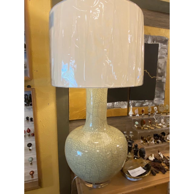 Tall Vintage 1950s Art Deco Style Repurposed Raku Celadon Green Vase Lamp With Shade For Sale - Image 4 of 11