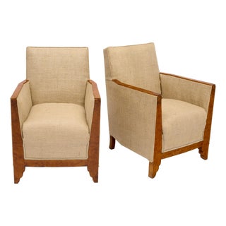 French, Art Deco Period Burled Ash Bergères, Burlap Upholstery For Sale