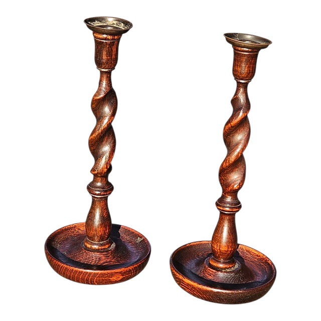 Pair of Antique English Oak Barley Twist Candlesticks For Sale