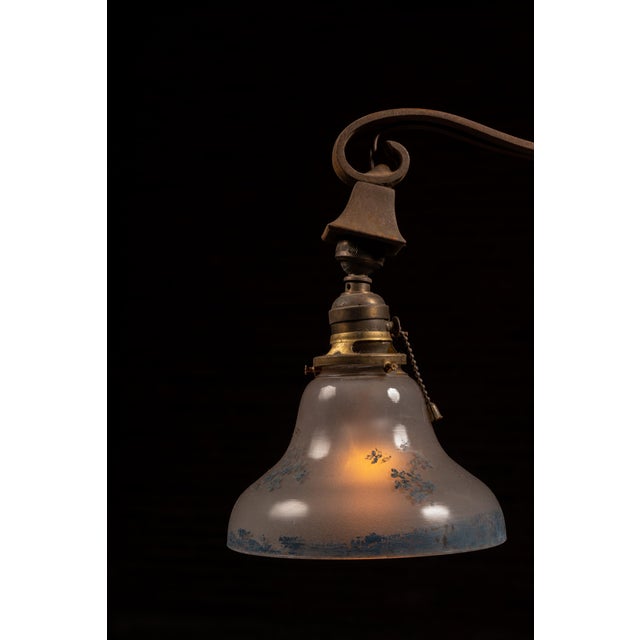 Early 20th Century Early 20th Century Art Nouveau Ball Joint Bridge Arm Lamp With Blue Floral Lamp For Sale - Image 5 of 6