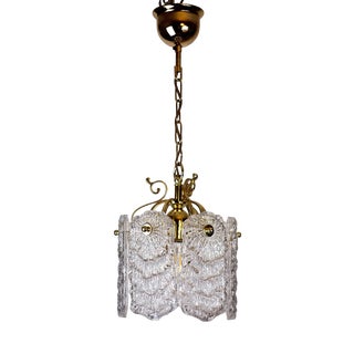 Antique Brass Metal Frosted Glass Single-Light Chandelier, 1990s For Sale