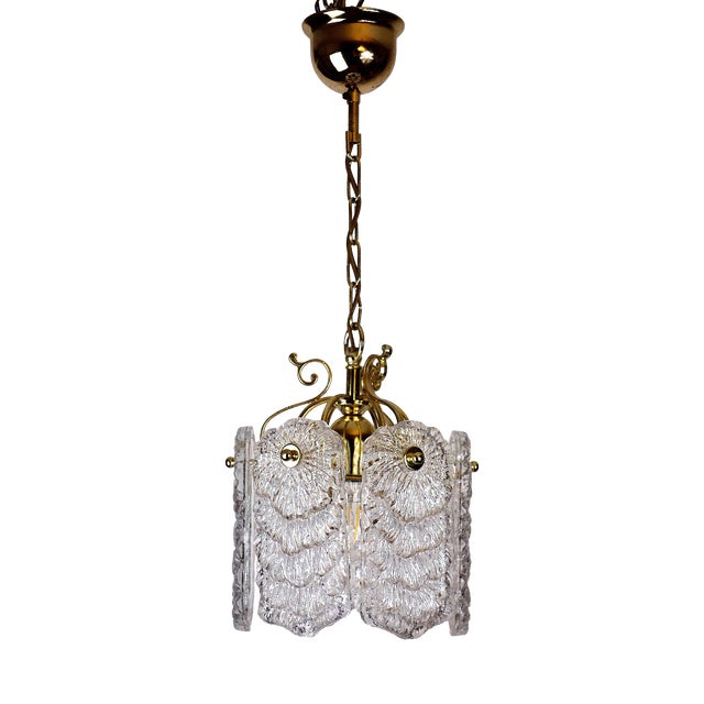 Antique Brass Metal Frosted Glass Single-Light Chandelier, 1990s For Sale