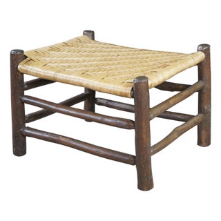 Antique Rustic Adirondack Old Hickory Style Rattan Log Stool Bench Ottoman 22" For Sale