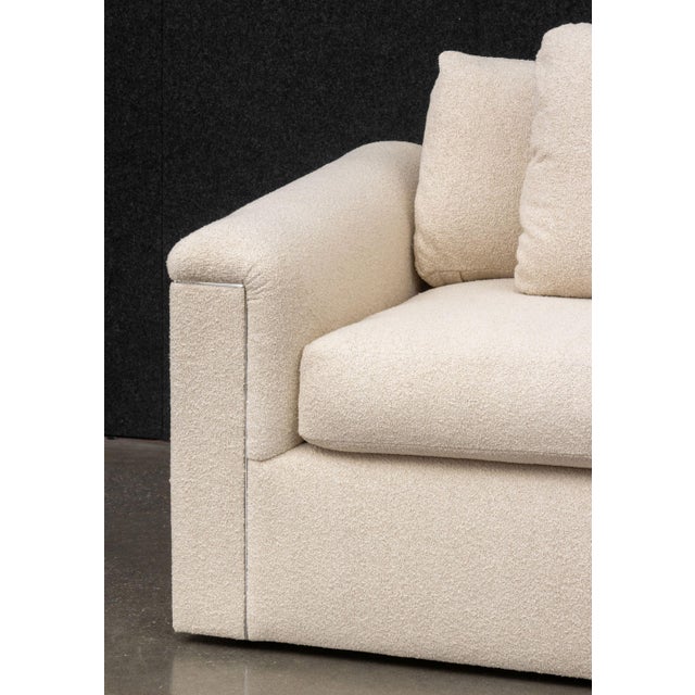 J. Robert Scott Three-Seat Beige Upholstered Sofa, with matching lumbar cushion and two throw pillows, "J. Robert Scott"...