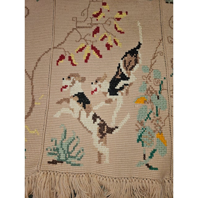 1960s Hand Knit Wool Throw with Cross Stitching Embroidered Fox Hunting Scenes. Excellent Condition and Quality.