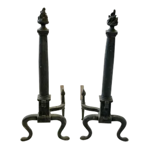Mid Century Hollywood Regency Cast Iron Andirons With Flame Motif Top- a Pair