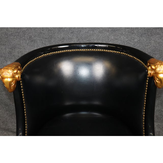 20th C Pair French Directoire Style Ebonized and Gilt Ramshead Club Chairs For Sale - Image 9 of 13