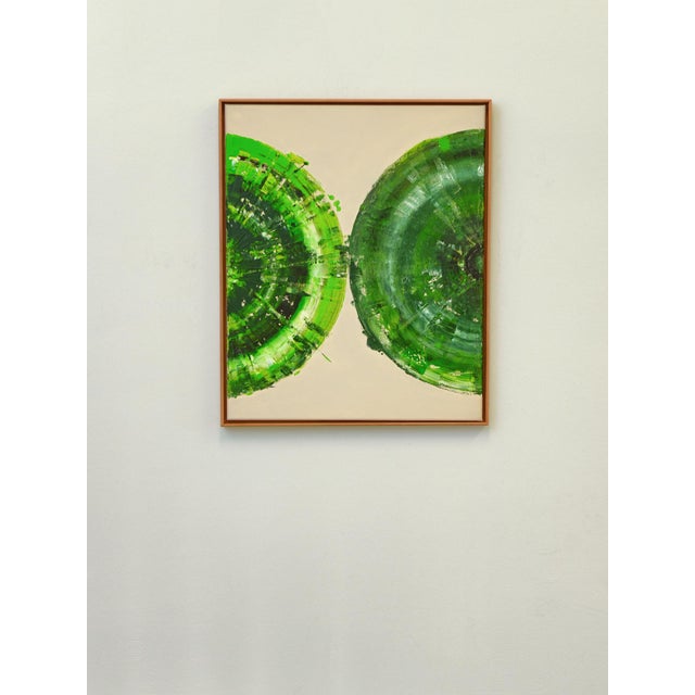 Textile Green Circle Diptych Ii, Contemporary Painting on Canvas, Framed For Sale - Image 7 of 12