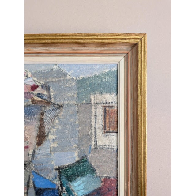 Textile Mid-Century Modern 'Woman in a Blue Coat' Vintage Swedish Cubist Figurative Oil Painting, Framed For Sale - Image 7 of 11