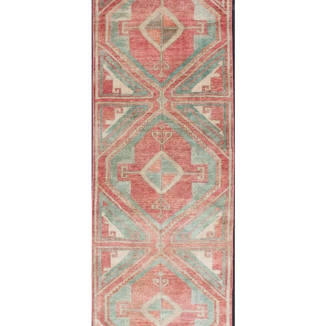 Turkish Vintage Turkish Oushak Runner With Coral Red, Soft Teal, and Warm Beige For Sale - Image 3 of 12