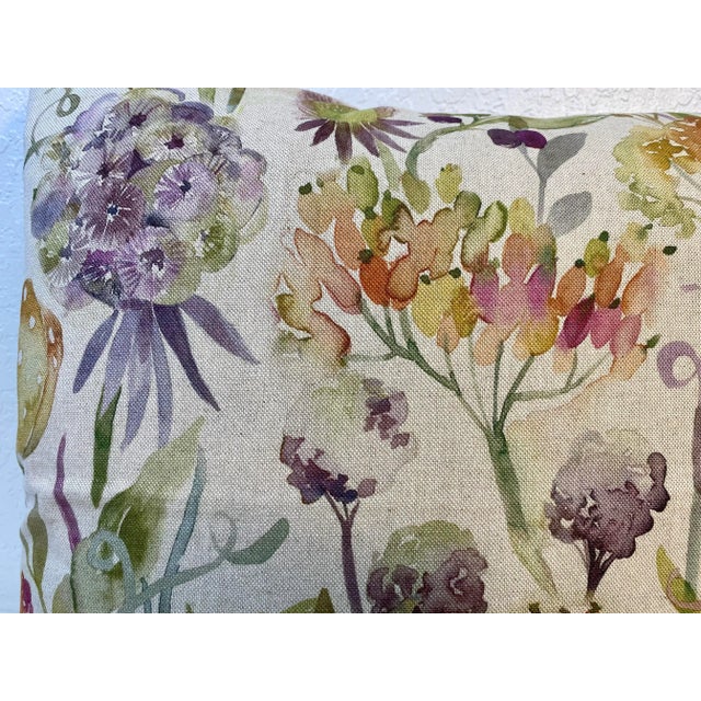 Tan 20” Square Pillow With a Purple and Orange Watercolor-Like Floral Print - Made in U K For Sale - Image 8 of 12