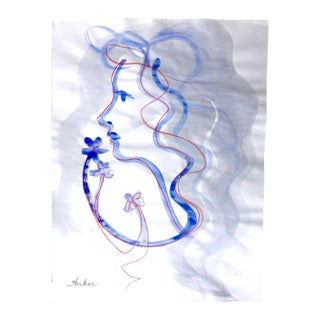 “Woman in Profile With Blossoms” Watercolor on Paper by CL Auker For Sale
