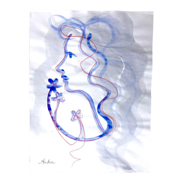 “Woman in Profile With Blossoms” Watercolor on Paper by CL Auker For Sale