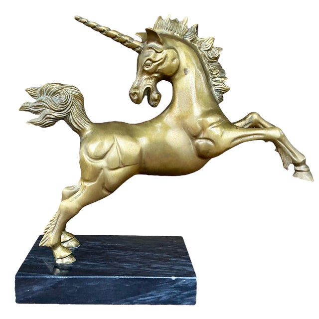 Vintage Solid and Heavy Brass Unicorn Statue on Marble Base For Sale - Image 9 of 12