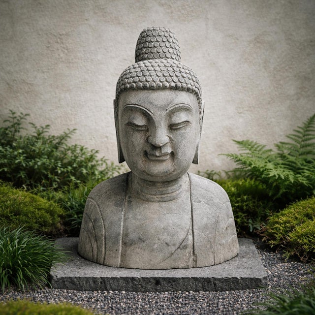 Stone Vintage Stone Garden Buddha Bust Statue For Sale - Image 7 of 7