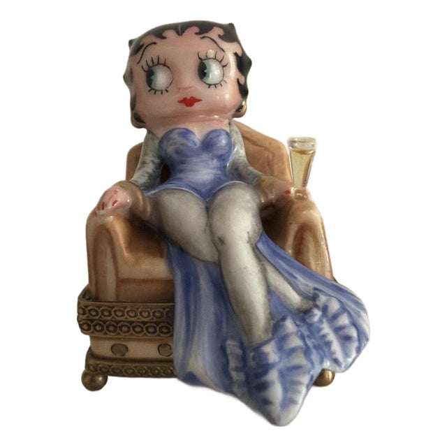 Rare Vintage Chanille Limoges Trinket Box Betty Boop In Armchair with Champagne Glass & Small Dog "Pudgy" inside (Retired) For Sale