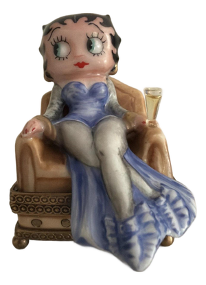 Rare Vintage Chanille Limoges Trinket Box Betty Boop In Armchair with Champagne Glass & Small Dog "Pudgy" inside (Retired)