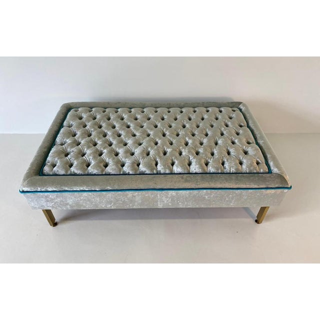 Large Italian Tufted Ottoman in Grey Velvet and Brass, 1950s For Sale - Image 3 of 7