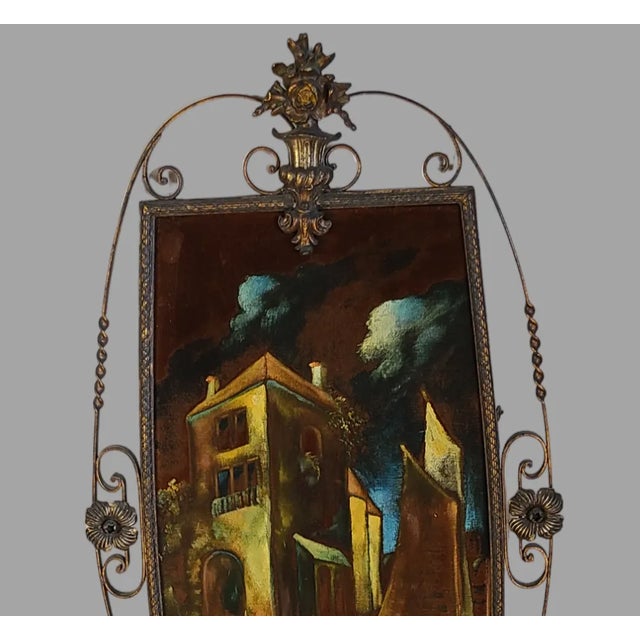 Antique Italian Bronzed Ornate Floral Urn Metal Frame Florentine Painted Venetian Velvet Fabric Wall Hanging Art For Sale - Image 4 of 11