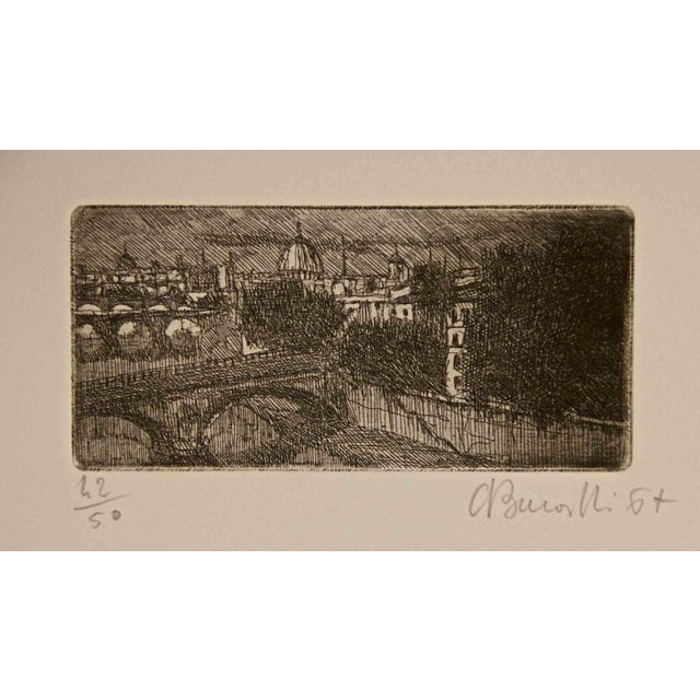 Armando Buratti, Rome, Lungotevere, Etching, 1967 For Sale