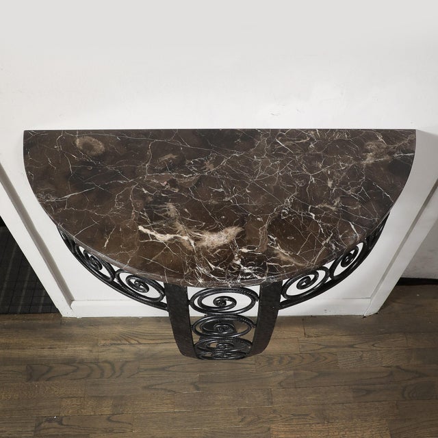 Art Deco Demilune Wrought-Iron Spiral & Noir St Laurent Marble Console Table For Sale - Image 4 of 17