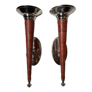 Vintage Rustic Southwestern Polished Chrome and Leather Wrapped Wall Candle Sconces- Set of 2 For Sale