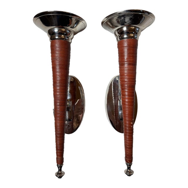 Vintage Rustic Southwestern Polished Chrome and Leather Wrapped Wall Candle Sconces- Set of 2 For Sale