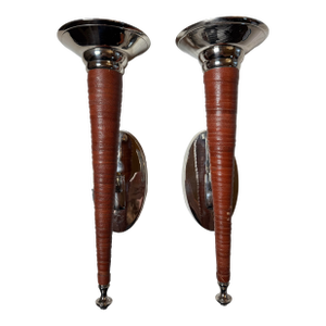 Vintage Traditional Polished Chrome and Leather Wrapped Wall Candle Sconces- Set of 2