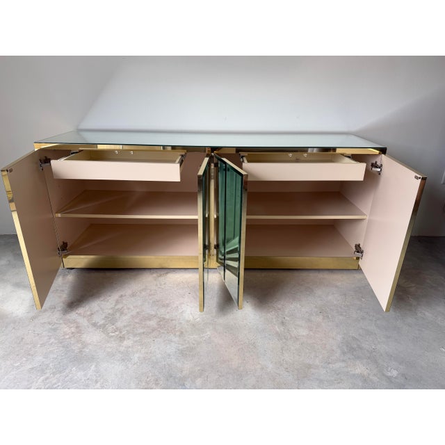 1970’s Hollywood Regency Ello Brass & Beveled Mirror Credenza Sideboard For Sale - Image 4 of 12