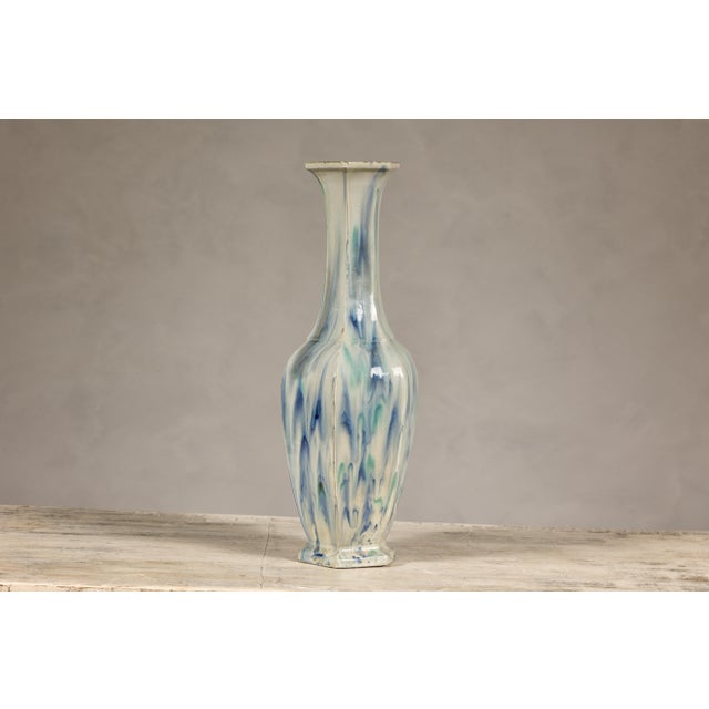 Multi-Color Vase with Blue and Green Drip Accent on Cream Ground For Sale - Image 4 of 12