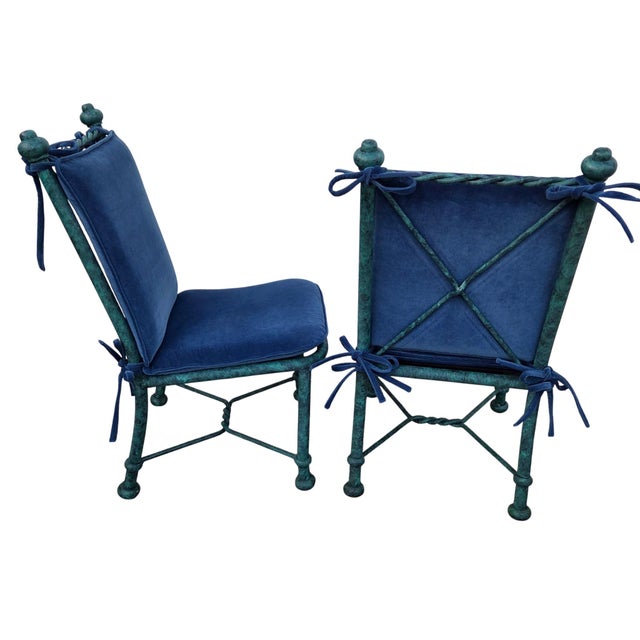 Hollywood Regency 2 Vintage Pompeii Babylon Designer Side Chairs Twisted Aluminum Faux Verdigris For Sale - Image 3 of 13