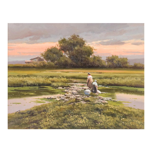 Joan Colomer Valls, Landscape with Workers, Late 20th-Century, Oil on Canvas, Framed For Sale