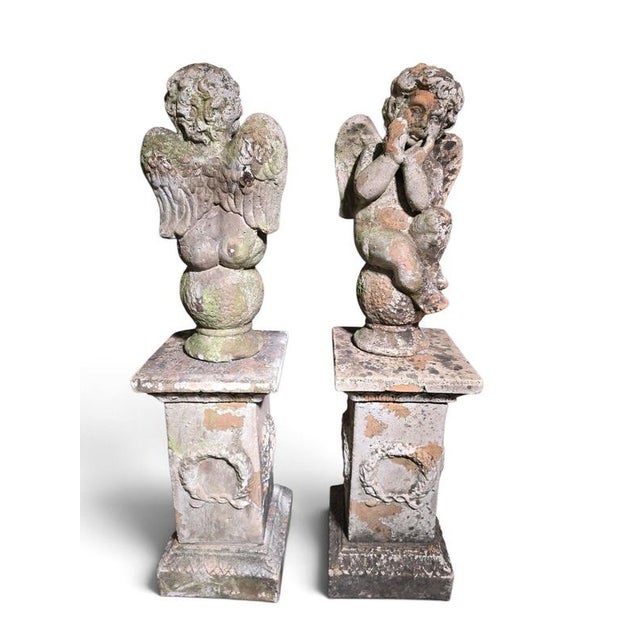 Italian Artist, Cherub Sculptures on Pedestals, 19th Century, Terracotta, Set of 2 For Sale - Image 11 of 12