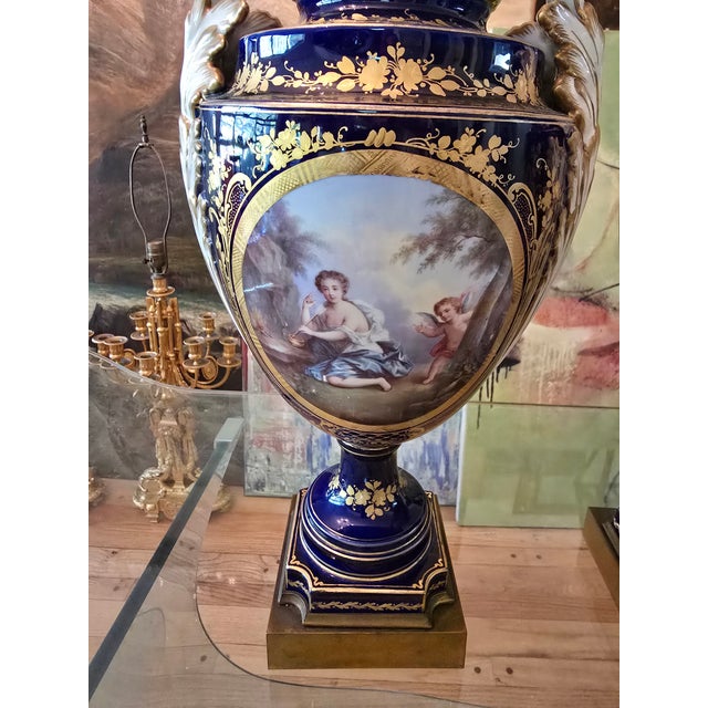 Antique Cobalt Blue Porcelain Pr Urns Attributed to Sevres For Sale - Image 10 of 17
