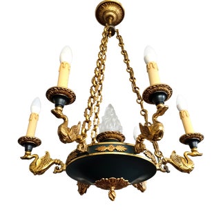 French Napoleon Empire Style Brass Chandelier with Swans and Green Glass Lampshades, 1970s For Sale