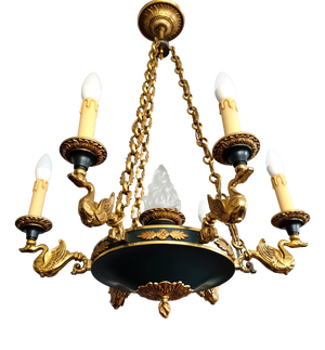 French Napoleon Empire Style Brass Chandelier with Swans and Green Glass Lampshades, 1970s
