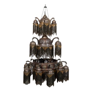 Mid 20th Century Moroccan Pierced Spun Brass 3 Tier Beaded Chandelier For Sale