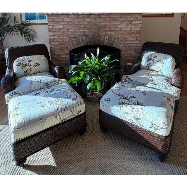A Pair, Hickory Chair Lounge Chairs and Ottomans by Mark Hampton, Custom Upholstered in Colefax & Fowler For Sale - Image 17 of 18