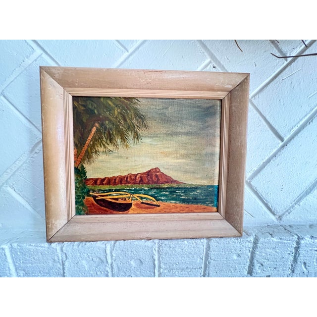 Vintage Set of 2 Tiki Oil Paintings W/Light Wood Frames - Signed For Sale - Image 4 of 7