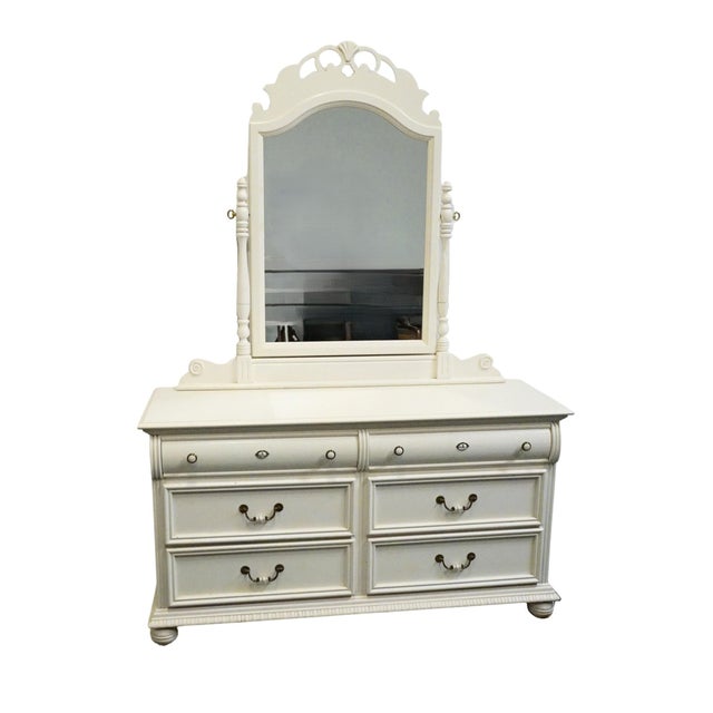Victorian Lexington Furniture Off White Painted Traditional Victorian Style 56" Double Dresser W. Swivel Mirror 509-222 / 509-207 For Sale - Image 3 of 14