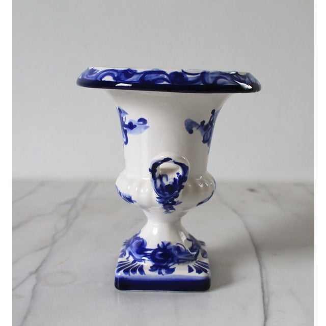 Vintage Portuguese Blue and White Ceramic Urn-Shaped Vase For Sale - Image 4 of 9