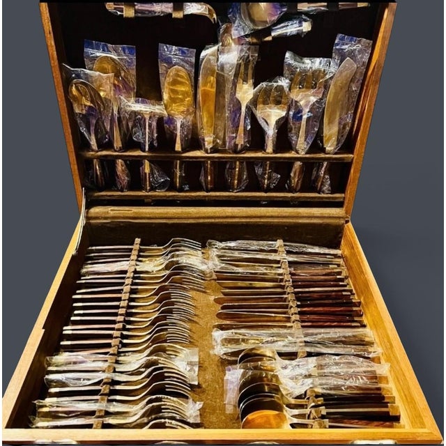 Bronze Mid Century Modern Flatware Set in Rosewood & Bronze-Teak Case, Thailand- 100 Pieces For Sale - Image 8 of 11