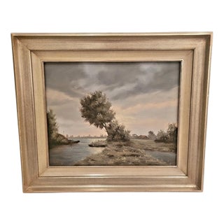 W. Kroon, Dutch River Landscape with Boats & Countryside, 1930s, Oil Painting, Framed For Sale