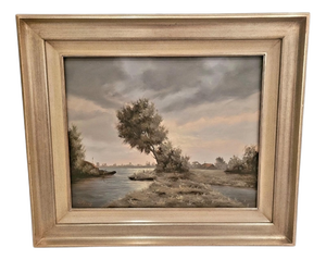 W. Kroon, Dutch River Landscape with Boats & Countryside, 1930s, Oil Painting, Framed