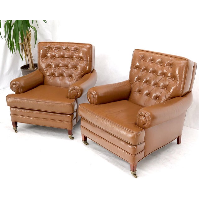 Pair of Chesterfield Style Leather Chairs W/ Ottomans Brown to Tan For Sale - Image 15 of 15