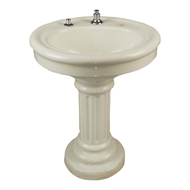 Vintage Art Deco 24 In. Fluted White Ceramic Pedestal Sink For Sale