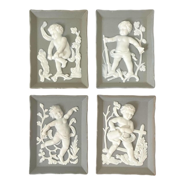 Vintage Jasperware by Andrea Four Seasons Porcelain Cherubs G848. Gray & White For Sale