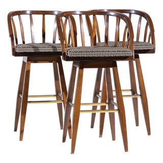Edward Wormley for Dunbar Mid Century Mahogany and Brass Barstools - Set of 3 For Sale