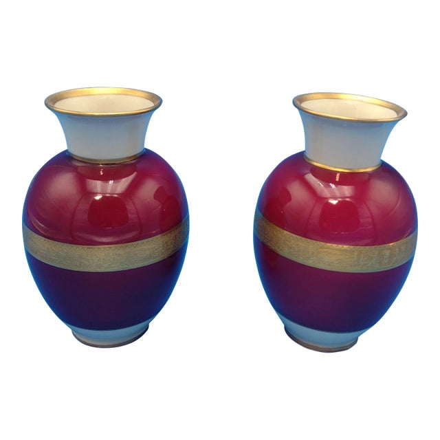 Pair of Johann Haviland Bavarian Porcelain Vases With Gold Children’s Procession Band For Sale